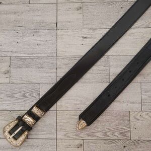 Men's Vintage Justin Crumrine Silver Plate Black Leather Western Belt Size 38